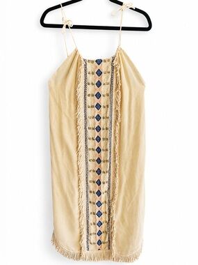 Pepin Silk Cream Slip Dress with Embroidery and Fringe